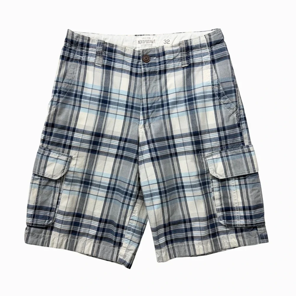 Aeropostale Mens Blue White Plaid Authentic Cargo Shorts Size 32 Cotton 7029AS10